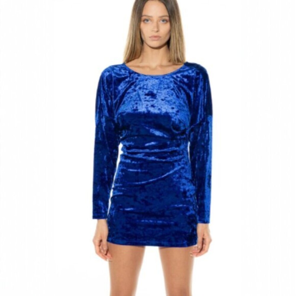 Ronny Kobo Women's Large Blue‎ Velvet Mini Dress Long Sleeve Low Back Cocktail